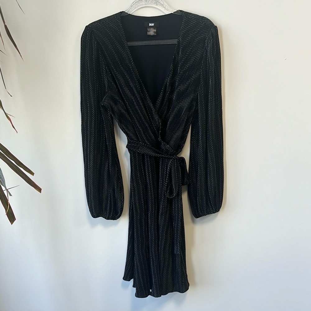 DKNY Black Long Sleeve Wrap Dress with Subtle Metallic Dots